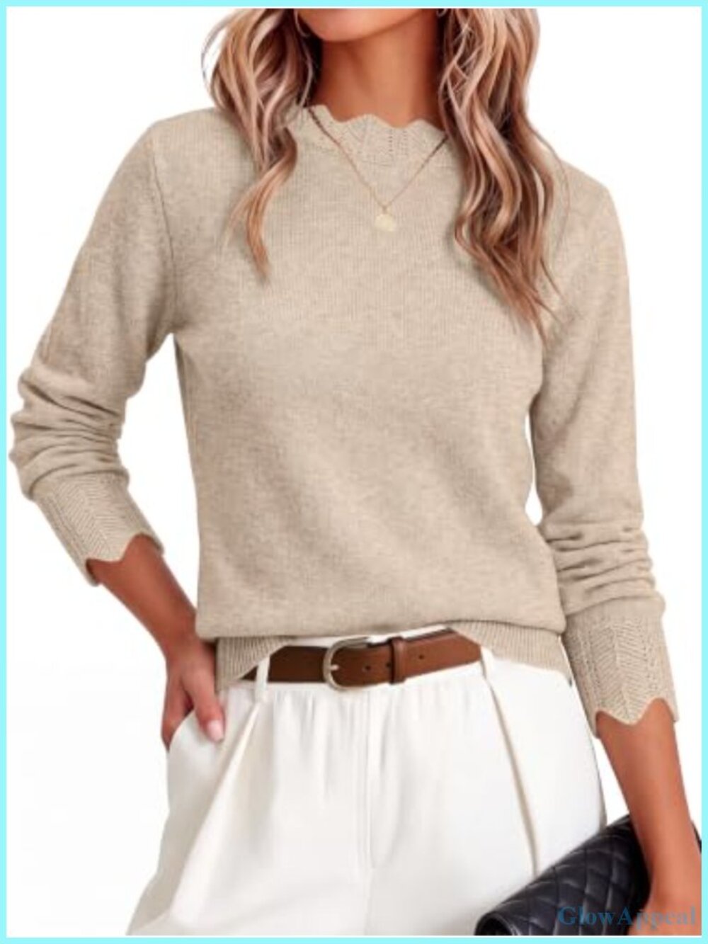 Scalloped Neck Long Sleeve Knit Pullover Sweater Lightweight